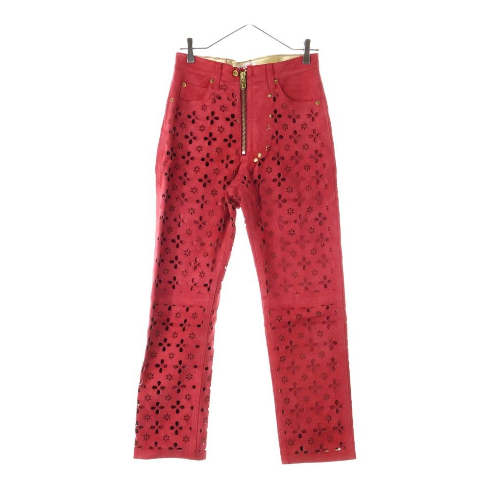 MASU エムエーエスユー GOAT LEATHER PANTS ゴートレザー フラワーカットアウト ジップフライ レザーパンツ レッド MVFW PT 0722 レディース