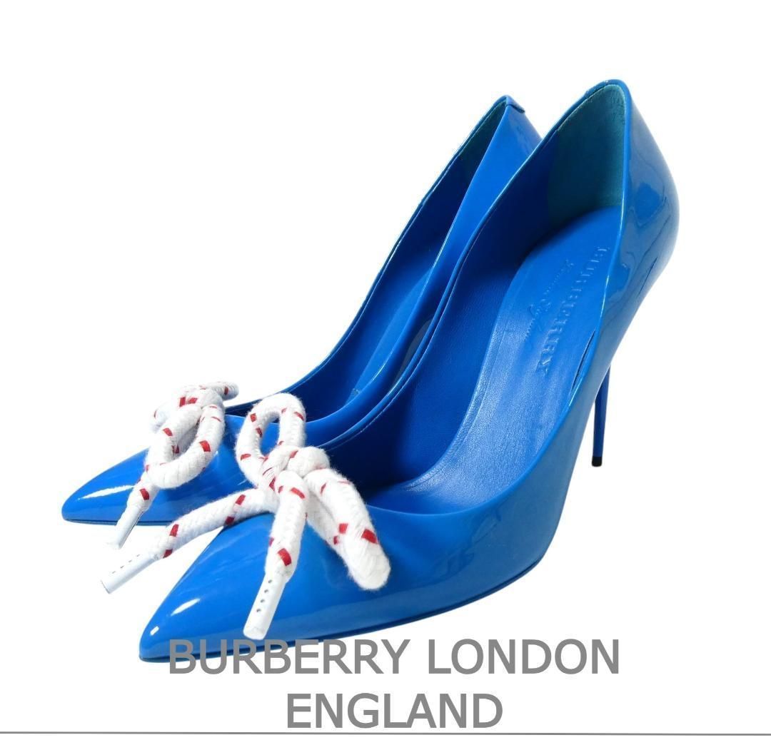 LONDON ENGLAND バーバリー サイズ39 約25 エナメル リボン ポインテッドトゥ ピンヒール ハイヒール パンプス 青 ブルー レディース