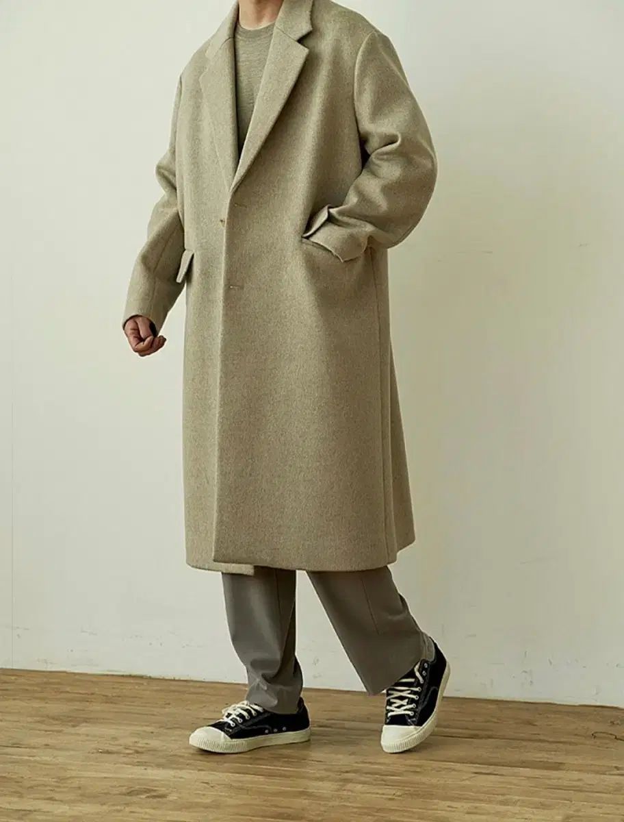 S LEARVE カシミア ウール 半ダブル シングルコート オートミール