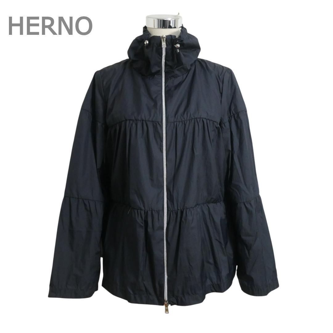 HERNO ヘルノ サイズ44 軽量 ナイロン スタンドカラー ドローコード ウインドブレーカー ナイロンジャケット ブルゾン GI 0111 D 12314 9290 黒 ブラック レディース