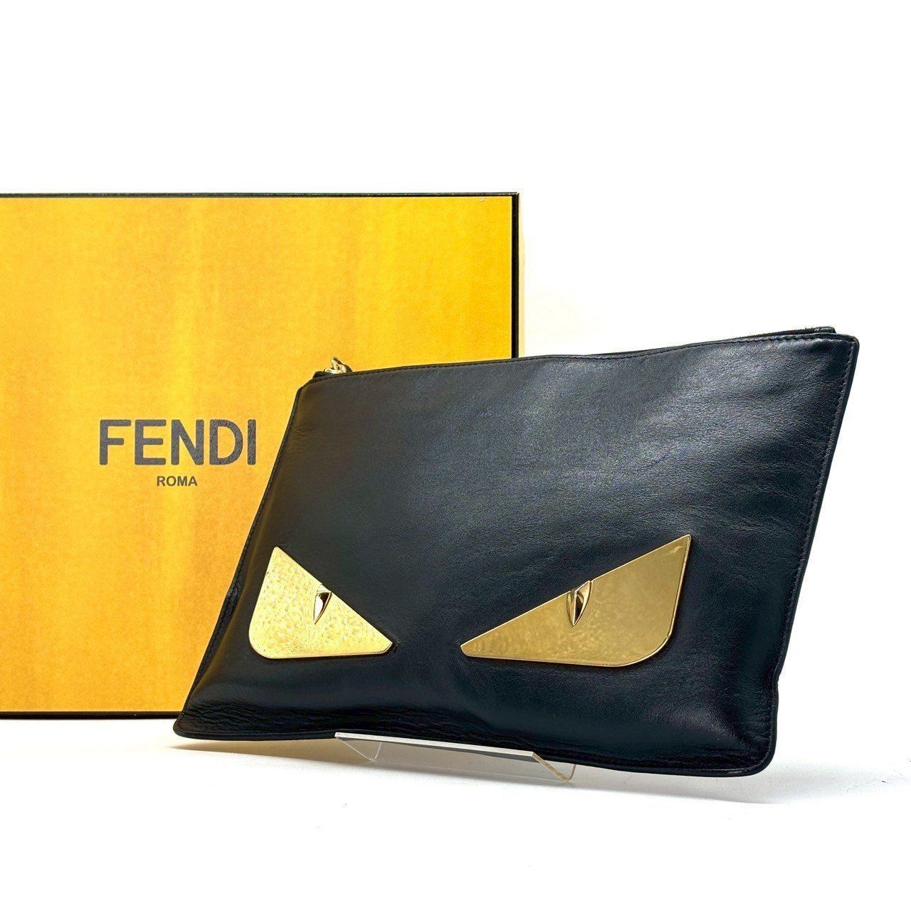 これを選ぶ人が 主役 FENDI クラッチバッグ バグズアイ モンスター レザー セカンドバッグ フェンディ ブラック
