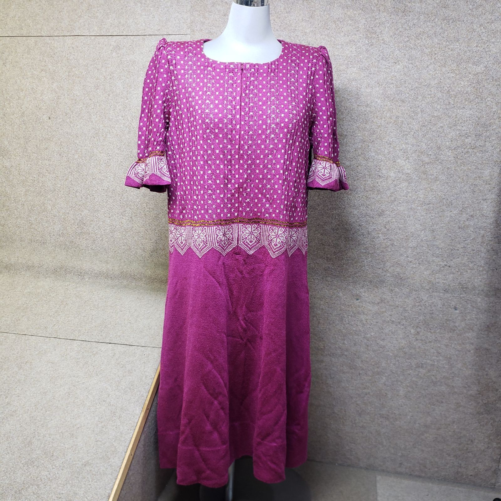 斎藤都世子 ニットワンピース 半袖 切替デザイン パープル系 M u7153s