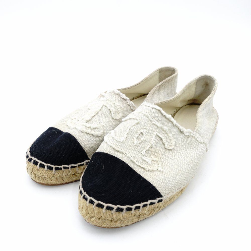 シャネル CHANEL エスパドリーユ スリッポン キャンバス ベージュ ブラック EU 37 レディース 約23 5 24 cm 7 10 836