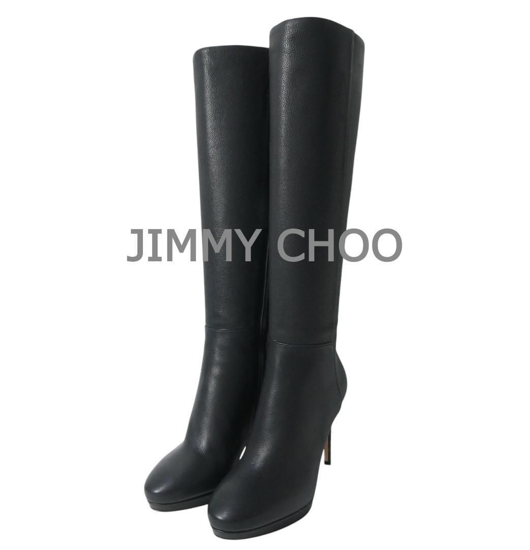 JIMMY CHOO ジミーチュウ サイズ34 約21㎝ ホクストン100 シボレザー サイドジップ ラウンドトゥ ピンヒール ハイヒール ロングブーツ ジョッキーブーツ 黒 ブラック レディース