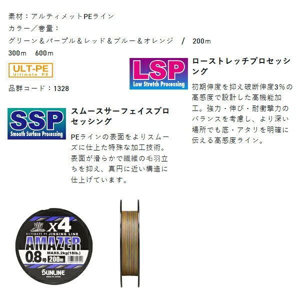 サンライン ソルティメイト アメイザー 4 600 m 1号 グリーン＆パープル＆レッド＆ブルー＆オレンジ