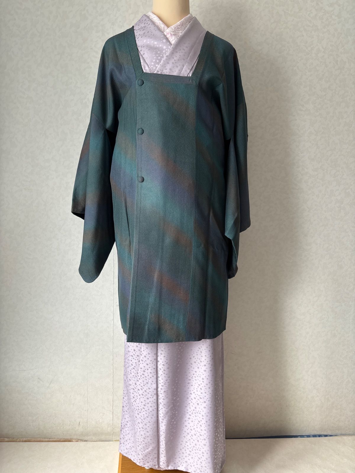 袷道行コート ちりよけ リバーシブル ぼかしグリーン 黒系 裄67 5