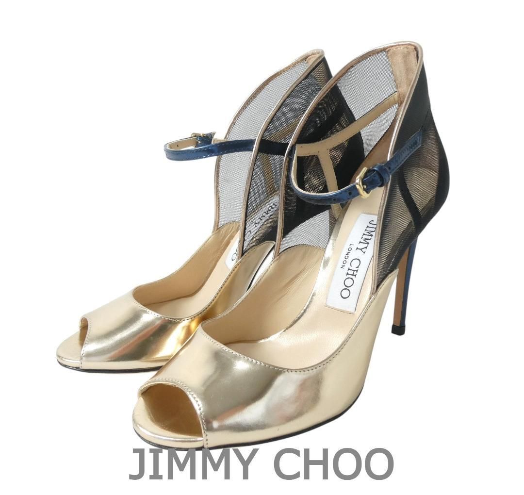 JIMMY CHOO ジミーチュウ サイズ35 約22㎝ エナメル メッシュ アンクルストラップ オープントゥ ハイヒール ピンヒール パンプス サンダル ゴールド ネイビー ブラック レディース