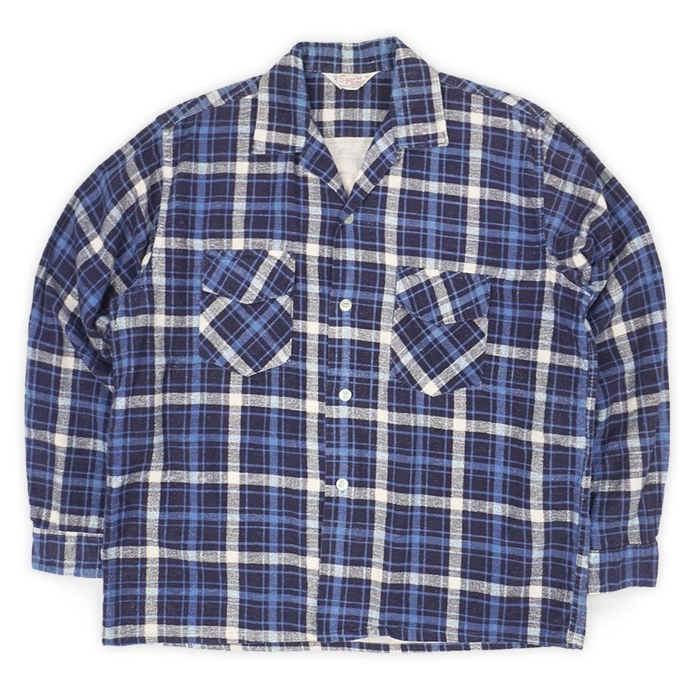 スクワイア Squire 60 s 60年代 オープンカラープリントネルシャツ 開襟 ボックス アメカジ USA ヴィンテージ アメリカ 古着 メンズ シャツ ブルー系 チェック柄 L