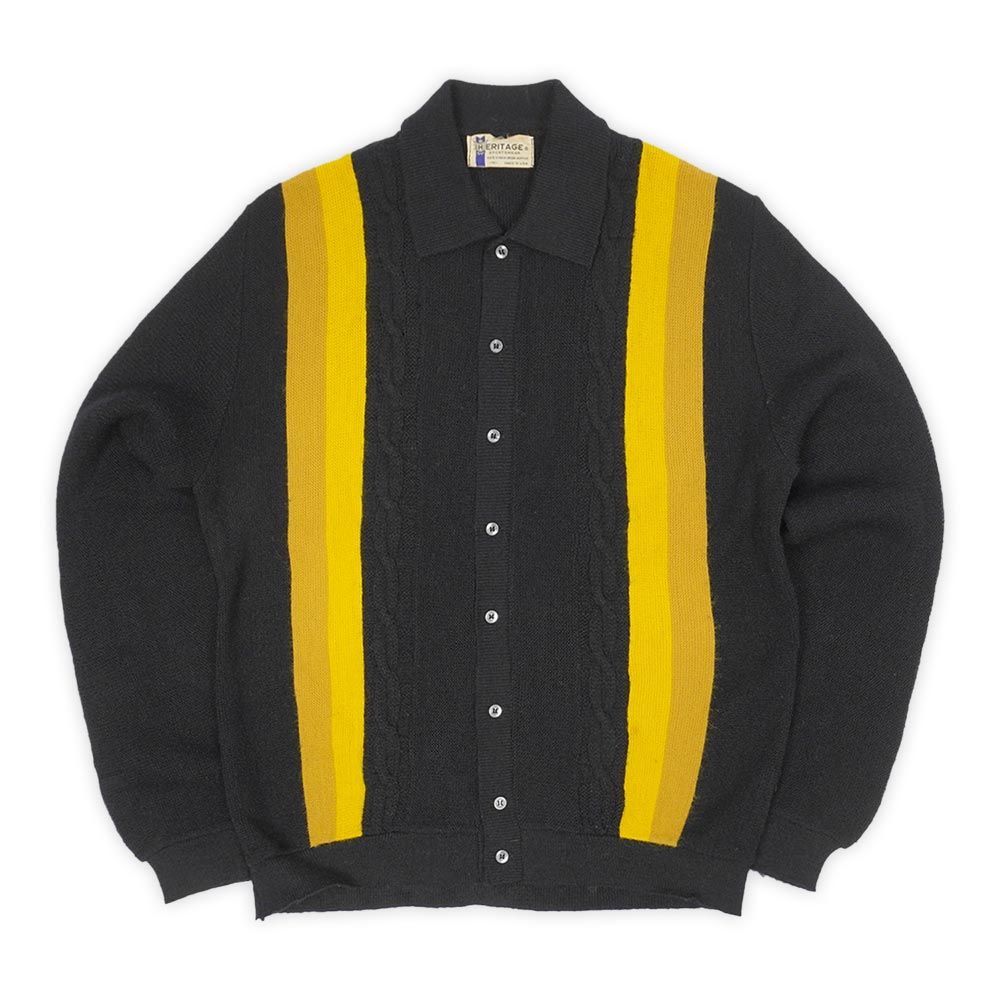 ヘリテージスポーツウェアー Heritage Sportswear 60 s 60年代 襟付き アクリルニット カーディガン ライン入り BLACK MADE IN USA アメリカ製 ヴィンテージ 古着 ブラック 黒 M