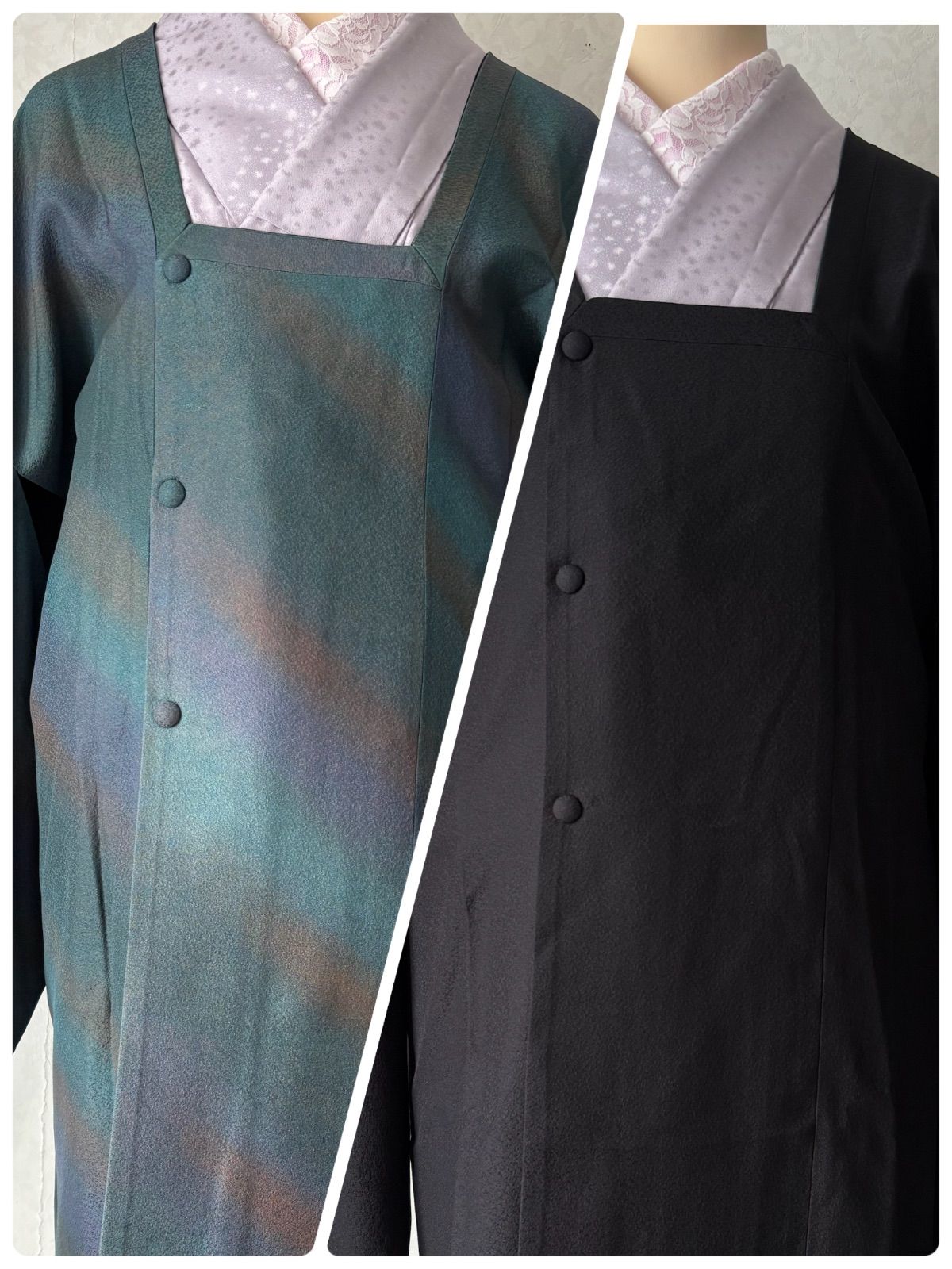 袷道行コート ちりよけ リバーシブル ぼかしグリーン 黒系 裄67 5