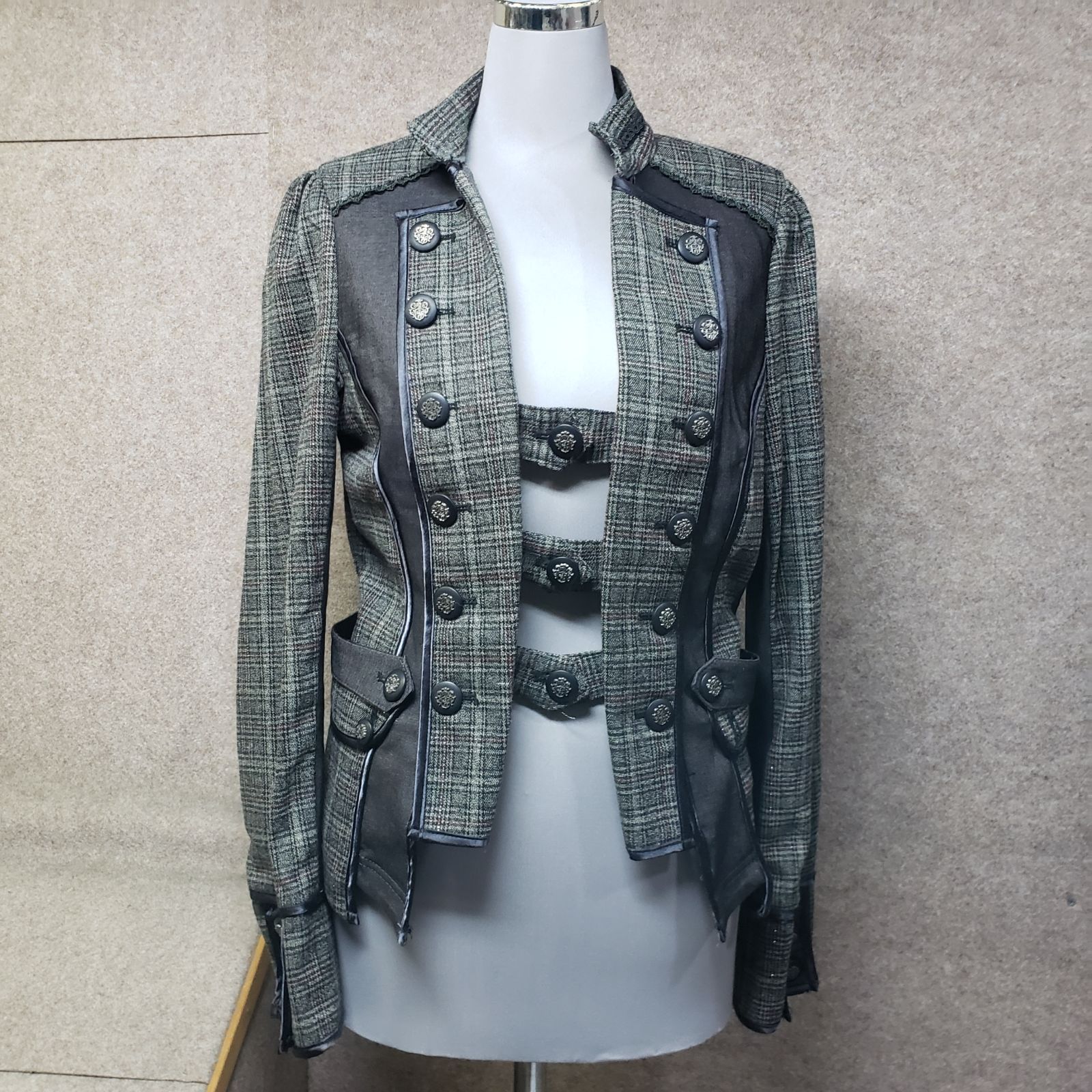 OZZ ANGELO ジャケット チェック柄 切替デザイン コルセット風バックレースアップ グレー系 u 7155 s