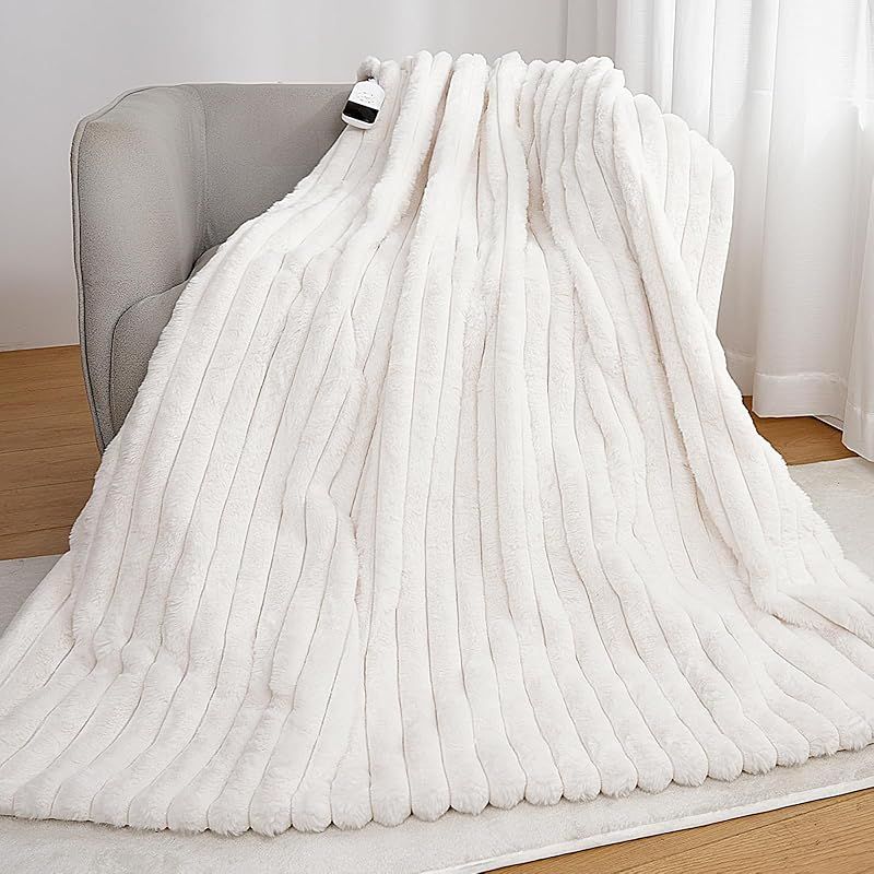 DGV 電気毛布 ふわとろ とろける ラビットファー調 掛け 敷き 掛け敷き兼用 25段階温度調節 12時間自動停止タイマー付 洗える 速暖 肩掛け 膝掛け ブランケット 防寒対策 暖房器具 usb 縦ストライプ 130 190 cm アイボリー 1