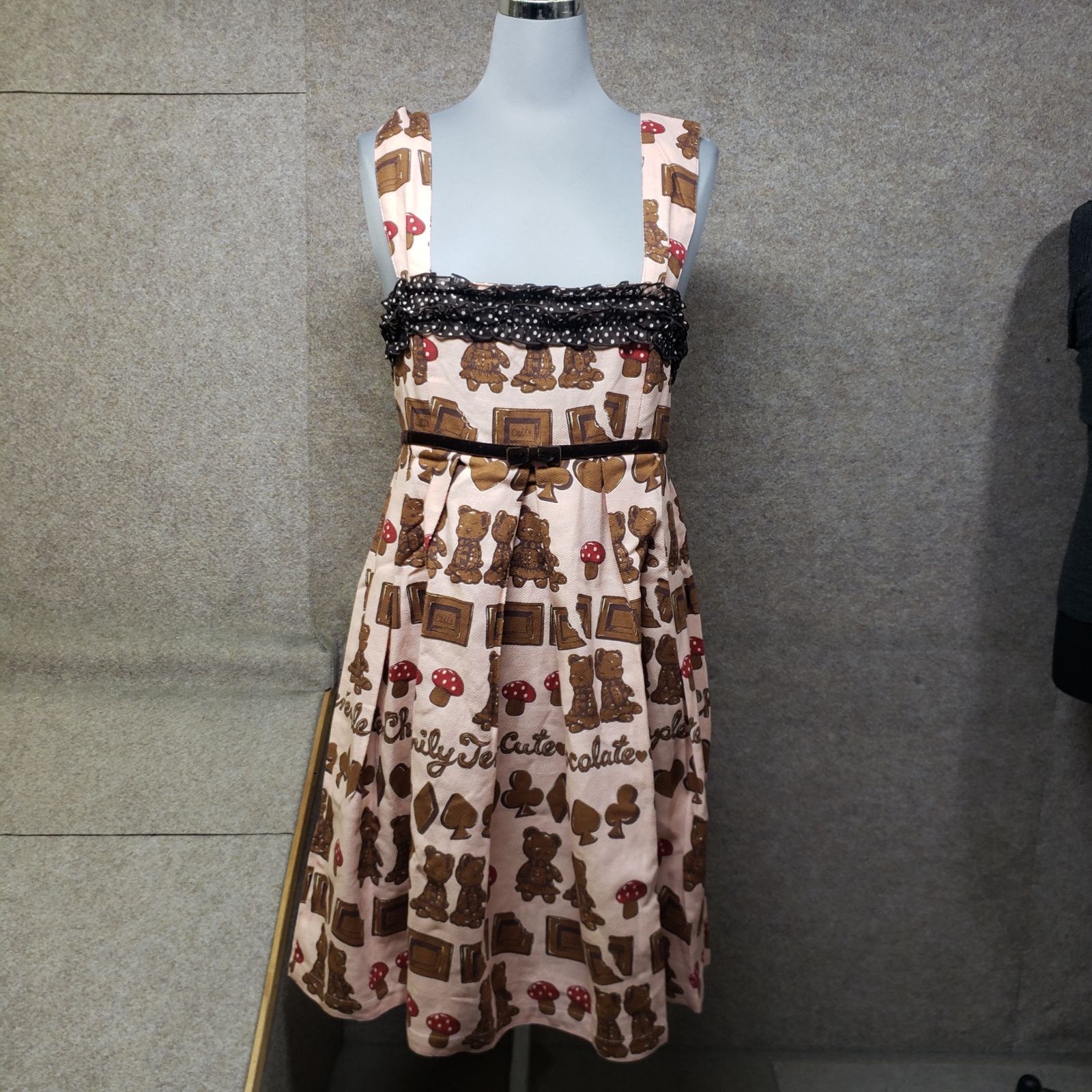 Emily Temple cute ノースリーブワンピース テディベア柄 総柄 フ シルエット ピンク系 u 7157 s