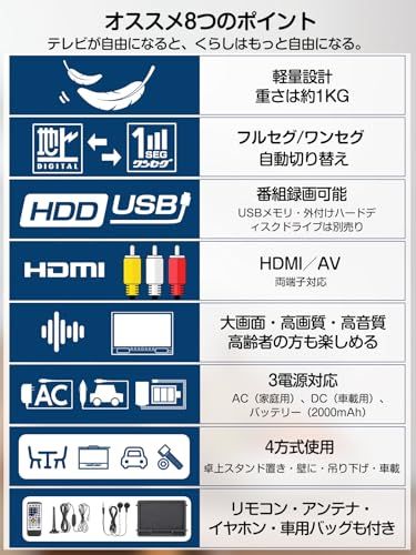 TTWO ポータブルテレビ 14インチ 小型 録画機能 テレビ ワンセグ フルセグ自動切替車載用バッグ付き 車中泊用 HDMI搭載 YouTube視聴 3 WAY電源対応 リモコン付き 高齢者向け 簡単操作 大画面 大音量 屋外 屋内 プレゼントに ブ m