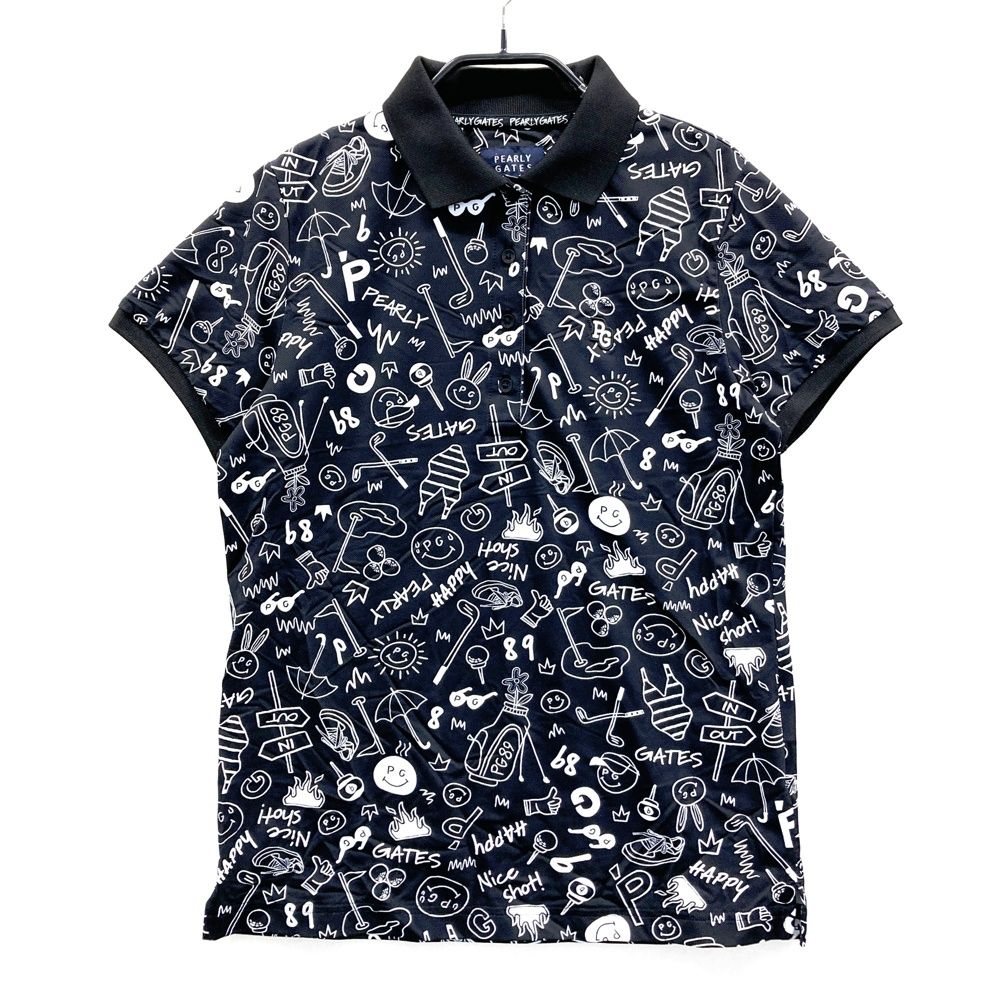 サイズ 0 PEARLY GATES パーリーゲイツ 2025年モデル 半袖ポロシャツ ニコちゃん 総柄 ブラック系 ゴルフウェア レディース ストスト