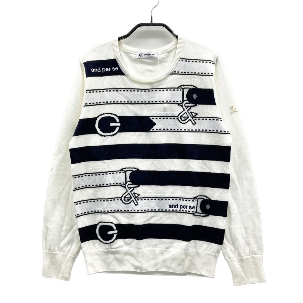 サイズ M AND PER SE アンパスィ 長袖ニットセーター ウール混 ボーダー 総柄 ホワイト系 ゴルフウェア レディース ストスト