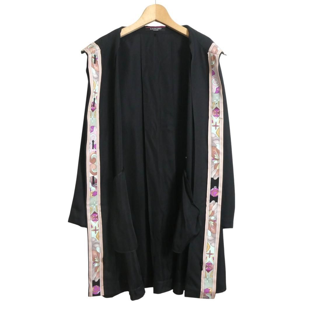 新品同様 レオナール ブラック 裏地 花柄 ロングコート ライナー付き 美品 LEONARD FASHION レオナールファッション サイズ11 裏地花柄 2WAY