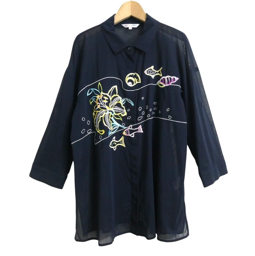 ★美品★LEONARD SPORTレ オナール／ストレッチ 長袖ブラウスFサイズ 極美品 LEONARD SPORT レオナールスポーツ サイズ40 魚柄 刺繍