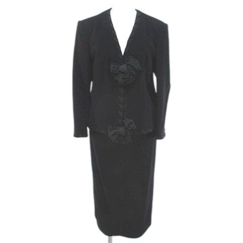 インゲボルグ INGEBORG セットアップ ノーカラージャケット 前開き ミモレ丈 タイトスカート スカート カシミヤ 黒系 ブラック 編み込み スリット 毛 ウール 裏地