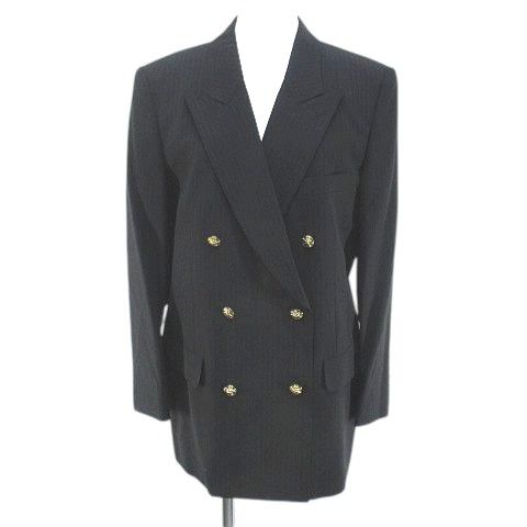 インゲボルグ INGEBORG ストライプ柄 ジャケット ダブル 黒系 ブラック 日本製 ポケット 毛 ウール 裏地