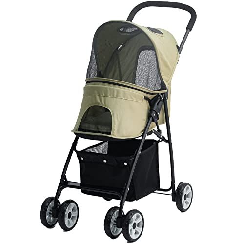 タンスのゲン ペットカート 折りたたみ 4輪バギー 小型犬 リード2本付き 多頭 ドッグカート 後輪ストッパー オリーブグリーン 77702 mm 9132 d 0 ac