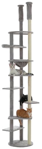 キャットタワー 突っ張り スリム 省スペース 猫タワー 大型猫用 多頭飼い 6本天然サイザル麻紐 爪とぎ キャットツリ 見晴台 透明宇宙船 高さ225 240 cm 250 265 gray mm