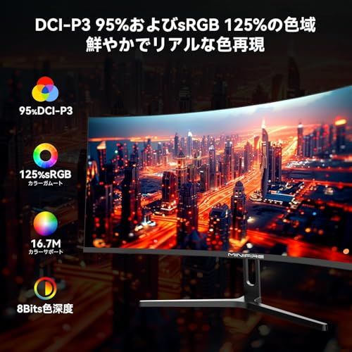 Minifire 34インチ湾曲モニター ウルトラワイド ゲームWQHD 3440 1440 p 165 Hz 1 ms応答速度 21 9 曲面 1500 R VA FreeSync HDR 10 sRGB 125 輝度320 cd ? PIP機能 スピーカー内蔵 mm