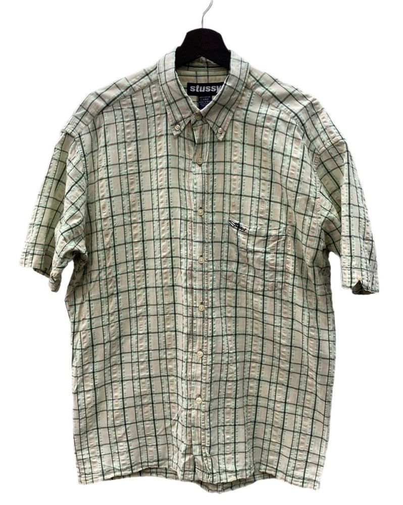 ステューシー STUSSY 90’s INDIA製 OLD 紺タグ check shirt チェック シャツ 半袖 刺繍ロゴ 緑 半袖シャツ グリーン Lサイズ 104 MT 2470