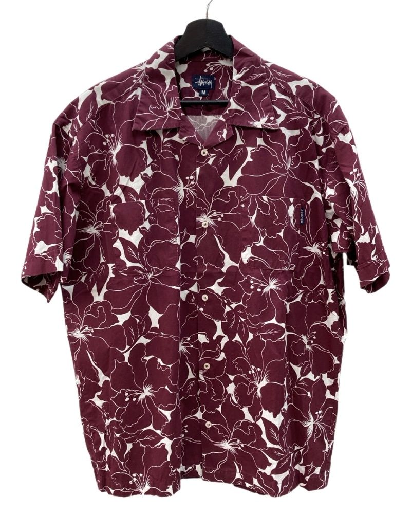 ステューシー STUSSY 90’s OLD 紺タグ Hawaiian shirt ハワイアン シャツ アロハ オープンカラー 赤 半袖シャツ 総柄 レッド Mサイズ 104 MT 2469