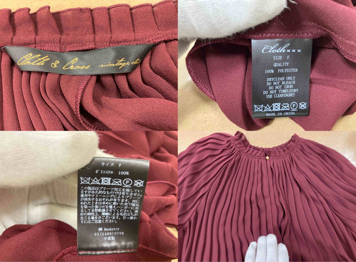 Cloth Cross 襟無しプリーツブラウス ブラウス プリーツ ボルドー F 春 フレアシルエット 長袖 