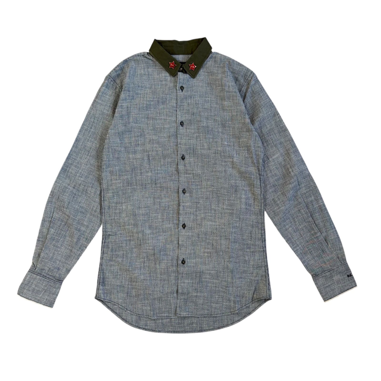ディースクエアード 襟ミリタリー切替 ピンバッジ付 長袖氏シャツ ロゴ刺繍 M相当 イタリア製