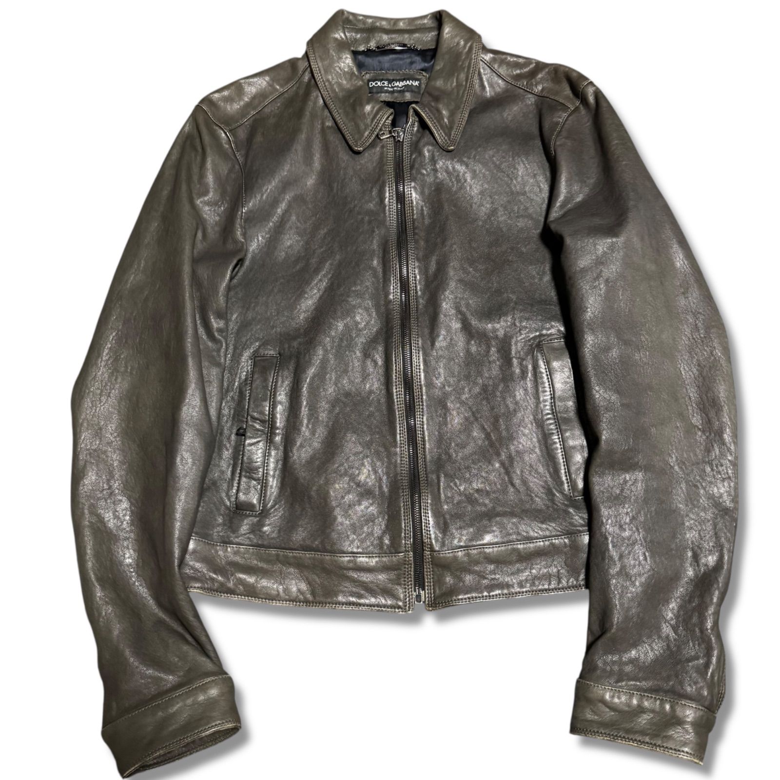 DOLCE GABBANA ドルチェ＆ガッバーナ ドルガバ レザージャケット ライダース シングル スウィングトップ型 サイズ48 メンズ ダークカーキ ユーズド加工 Y 2 K