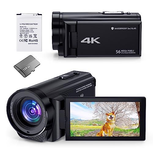 ビデオカメラ 4 k 小型 5600万画素 本機防水 防塵 耐衝撃 充電式 水中カメラ 自撮り270度回転 HDMI出力 18倍デジタルズーム YouTube vlog 動画カメラ 3400 mAh大容量バッテリー日本語説明書 128 gカード付属