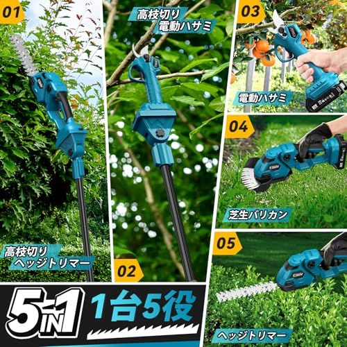 ポールヘッジトリマー 高枝切り電動バサミ 電動芝生バリカン1台5役 充電式剪定ばさみ ヘッジトリマー充電式 剪定トリマー 着脱伸縮式 190 310 cm長さ無段階調節と0°?180°ヘッジ角度が調節 軽量 枝切り電動はさみ 庭木 果樹用 剪定鋏 園