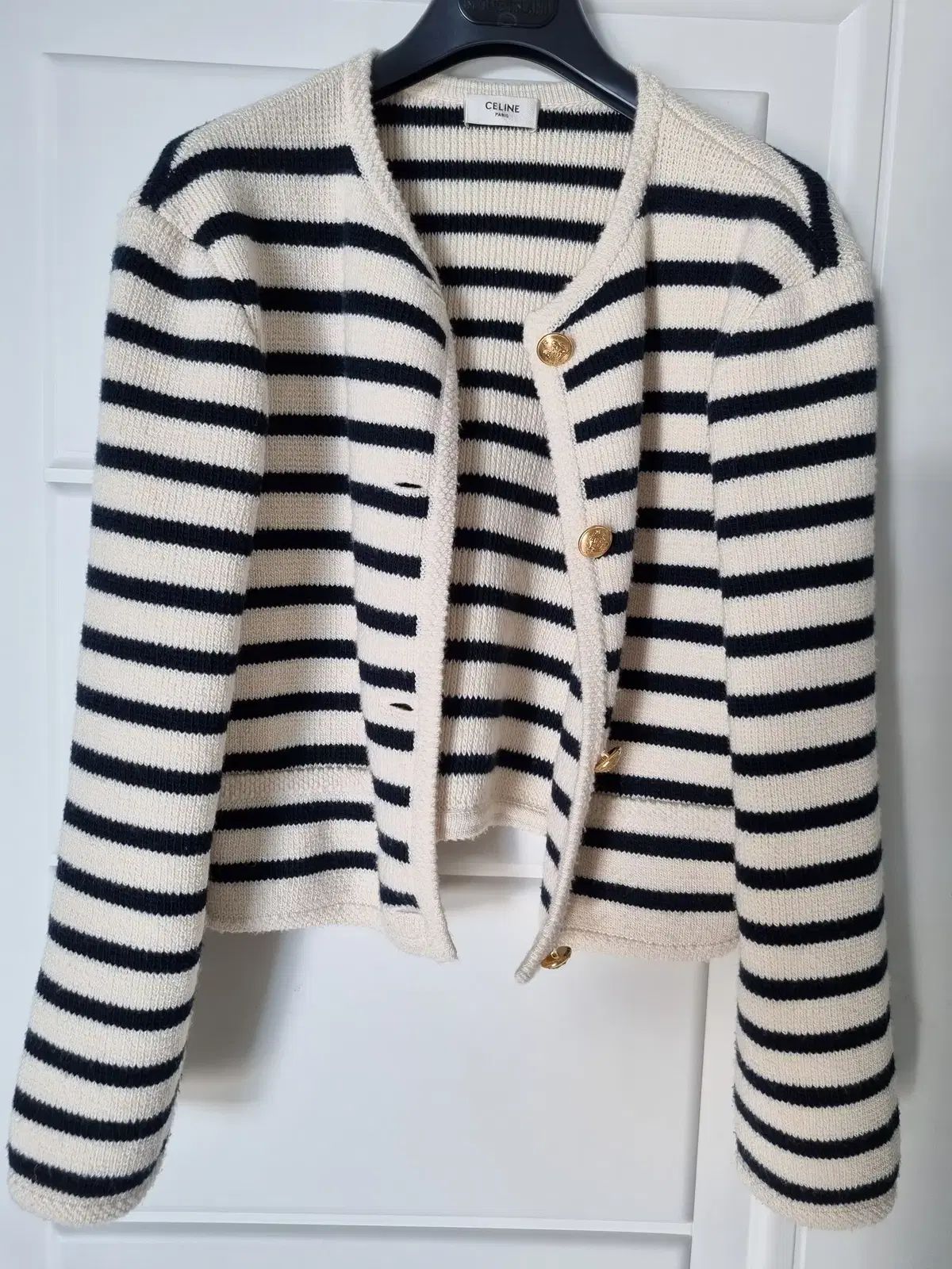 セリーヌ ストライプ チェイサー ゴールド 金装飾 ニットカーディガン Sサイズ