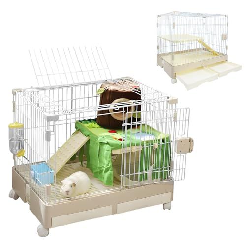 ウサギ ペットケージ ハムスター 小動物ケージ キャスター付き 屋根付き 天井扉 飼育 いぬ ネコ うさぎ 組立簡単 ベージュ 2層 高さ61 CM 幅72 奥行き50 CMmm