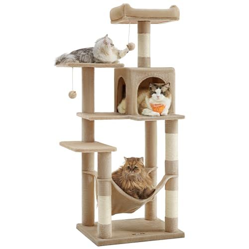 キャットタワー スリム 猫タワー ハンモック 耐荷重15 kg 大型猫用 おしゃれ 多頭飼い 爪とぎ 天然サイザル麻紐 高さ143 CM mm