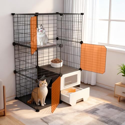 猫 ケージ トイレ付き トイレ一体型 防臭 飛散軽減 キャットフェンス 2段 多頭飼い 引き出し 猫用ケージ 組立簡単 掃除しやすい コンパクト 脱走防止 保護用 室内用 快適なスペース おしゃれ 約幅72 x奥行46 x高さ108 cm 日本語説明書付き ブmm