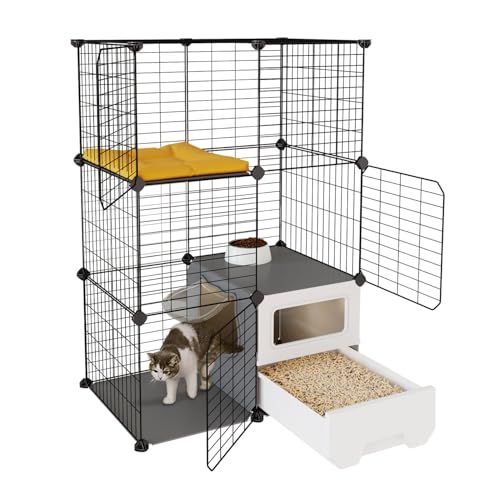 猫 ケージ トイレ付き トイレ一体型 防臭 飛散軽減 2段 子猫 スリム 組立簡単 猫用ケージ 掃除しやすい コンパクト 脱走防止 保護用 室内用 日本語説明書付き ブラック 高さ108 幅72 奥行45 cmmm
