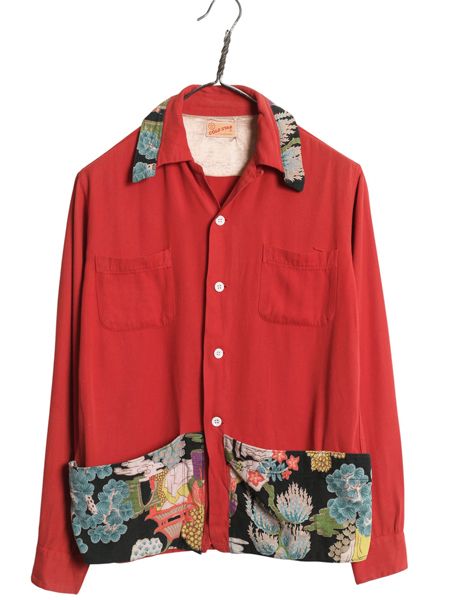 な ! 50 s カスタムメイド GOLD STAR レーヨン オープンカラー シャツ メンズ 古着 ヴィンテージ リメイク ループ留め 開襟 ボックス 赤