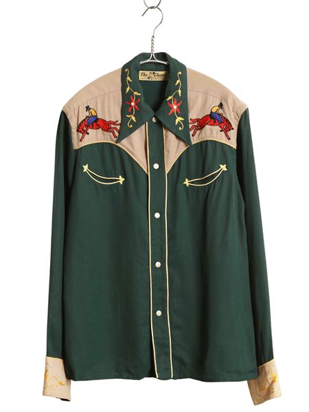な ! 40 s レーヨン ギャバジン ウエスタン シャツ メンズ 程 ヴィンテージ スマイル ポケット付き カウボーイ 花 チェーンステッチ 刺繍