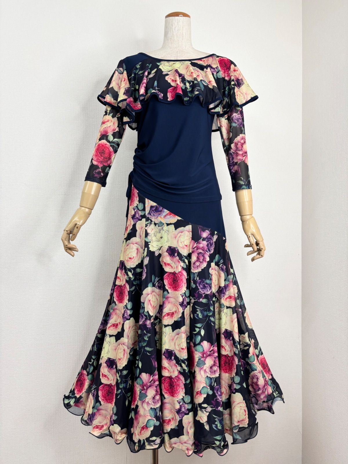 社交ダンス ネイビー ソフトメッシュ ケープフリルデザイン オーガンジーフリル 斜め切り替えフ スカート セットアップドレス 衣装