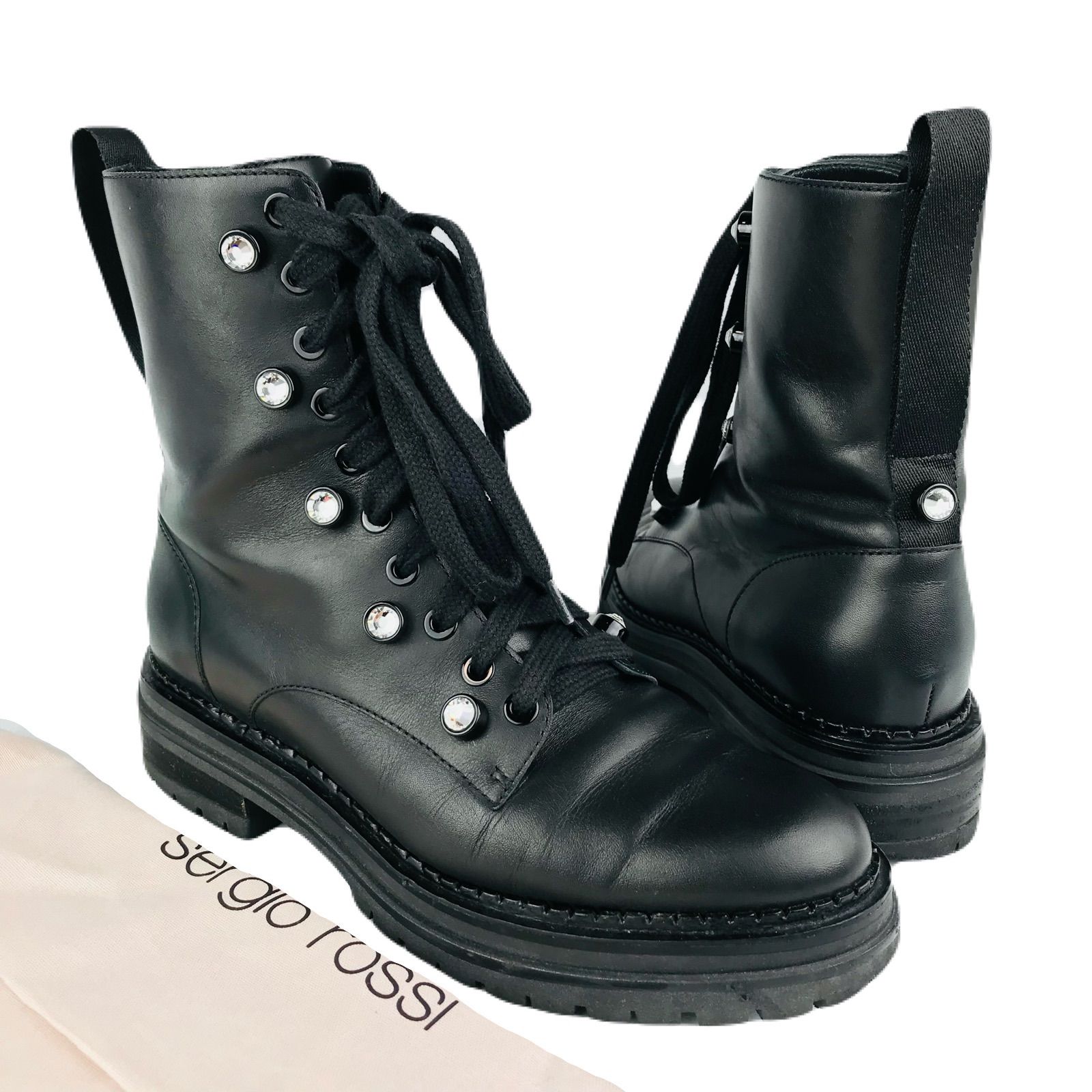 sergio rossi セルジオロッシ SR BIKER MOON レディース レザー クリスタルストーン付き サイドジップ ショートブーツ 38 イタリア製 レディースブーツ 冬物 カジュアル ブラック ブーティ