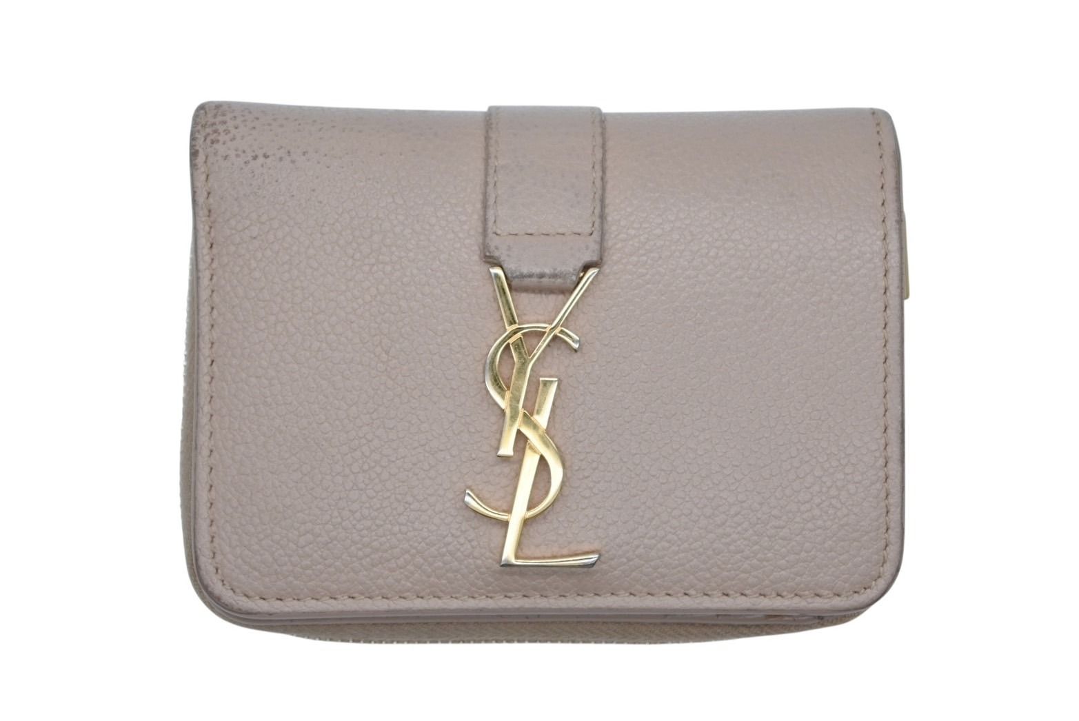 SAINT LAURENT サンローラン カサンドラ ジップウォレット 二つ折り財布 グレイン ド プードル レザー ベージュ ゴールド金具 4 b 010788