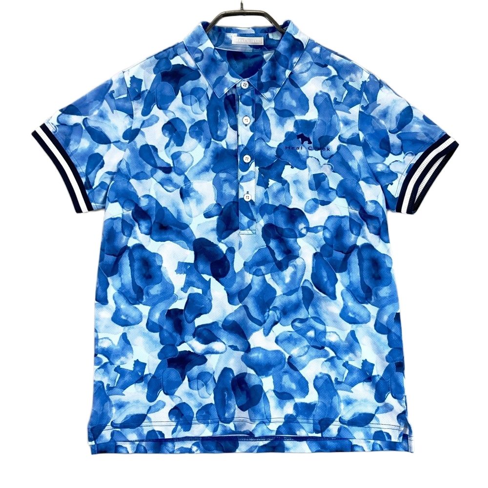 サイズ：42 HEAL CREEK ヒールクリーク 半袖ポロシャツ 総柄 ブルー系
