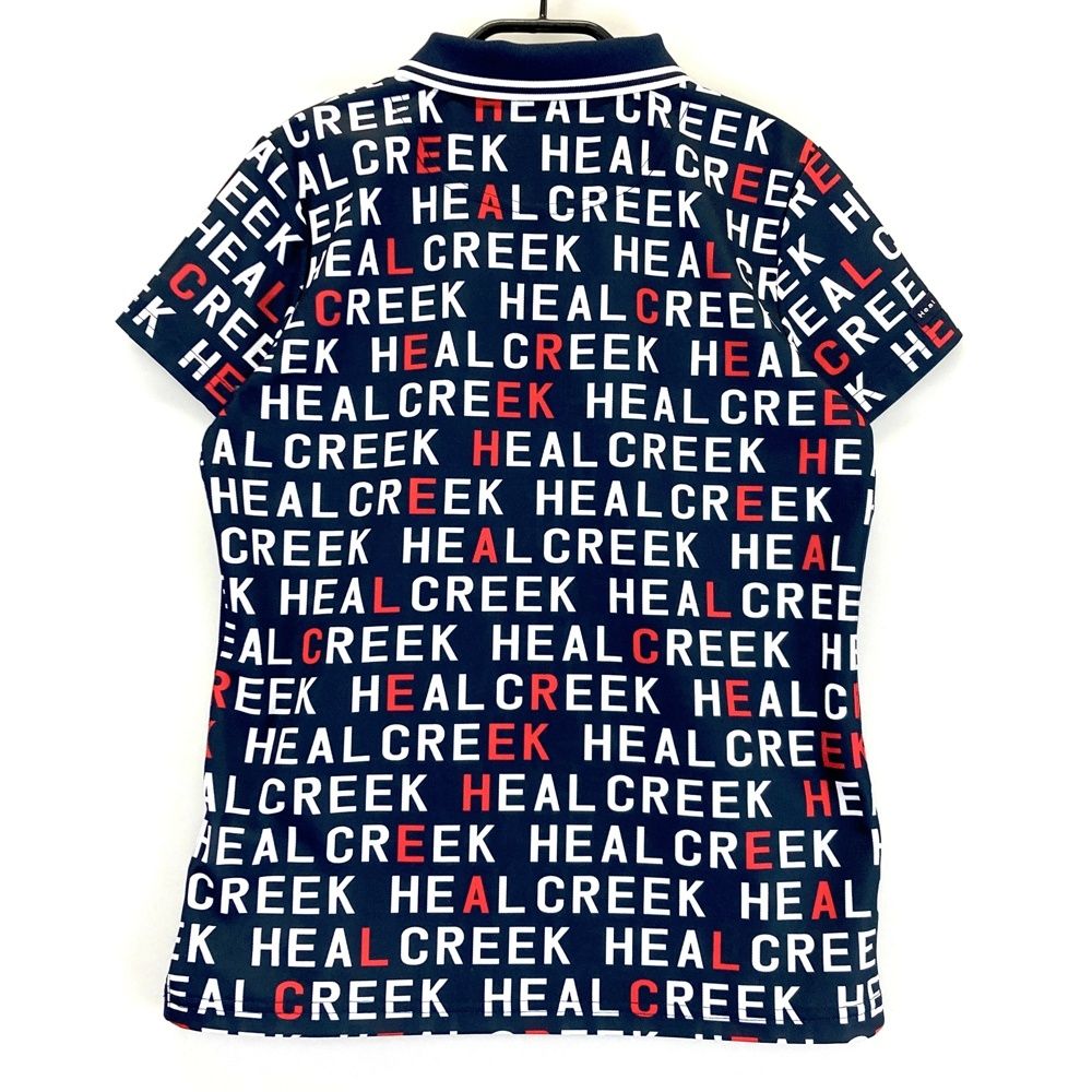 サイズ：40 HEAL CREEK ヒールクリーク 半袖ポロシャツ 総柄 ネイビー