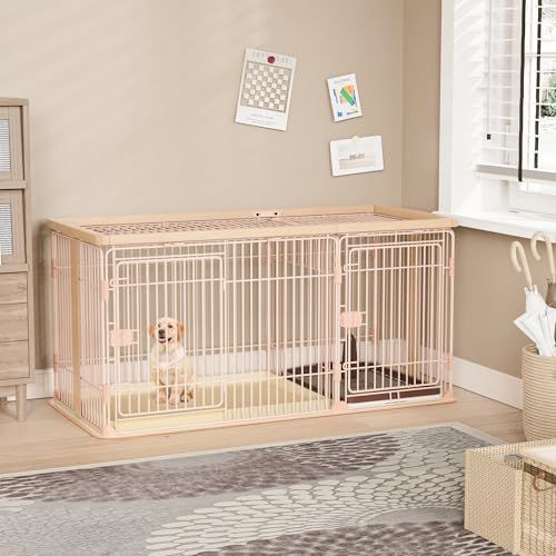 犬 ケージ ゲージ 幅146 奥行68 高さ70 cm 小中大型犬用 屋根付き 犬ゲージ ペットケージ 犬サークル ペットサークル 木製 室内 トイレ付き マット トイレトレーニング出来る 仕切 組立簡単 掃除しやすい ピンク ベージュ mm