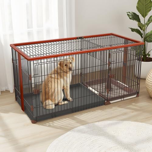 ペットケージ ペットサークル 犬ケージ 犬ゲージ 屋根付き ペットゲージ トイレ付き 幅145 奥行き68 高さ70 cm 室内サークル お手入れ簡単 小型犬 中型犬 屋内 ブラウン mm