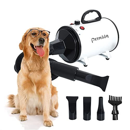 Petmoon ペットドライヤー ペットヘアードライヤー ブロワー 無段階速度制御 送風機 4つのノズル付き 風速 温度調整 強いブロー力 家庭用 騒音低減 100 V 1500 W 日本語説明書付き ホワイト mm