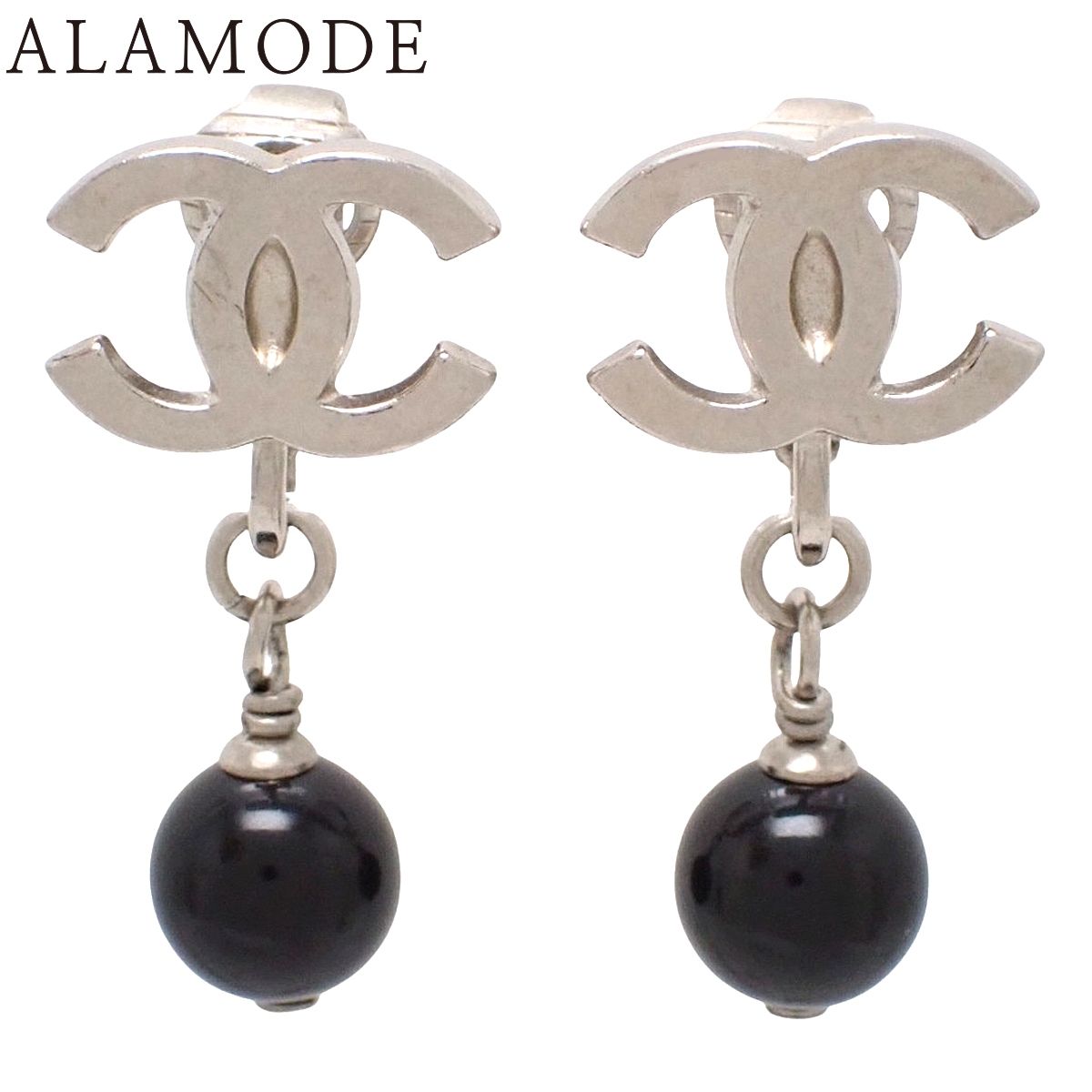 CHANEL シャネル ココマーク ブラックパール イヤリング メタル アクセサリー ジュエリー ぶら下がり シルバー銀 ブラック黒 レディース アラモード